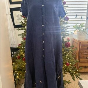 Casual Linen Navy Button-Down Dress